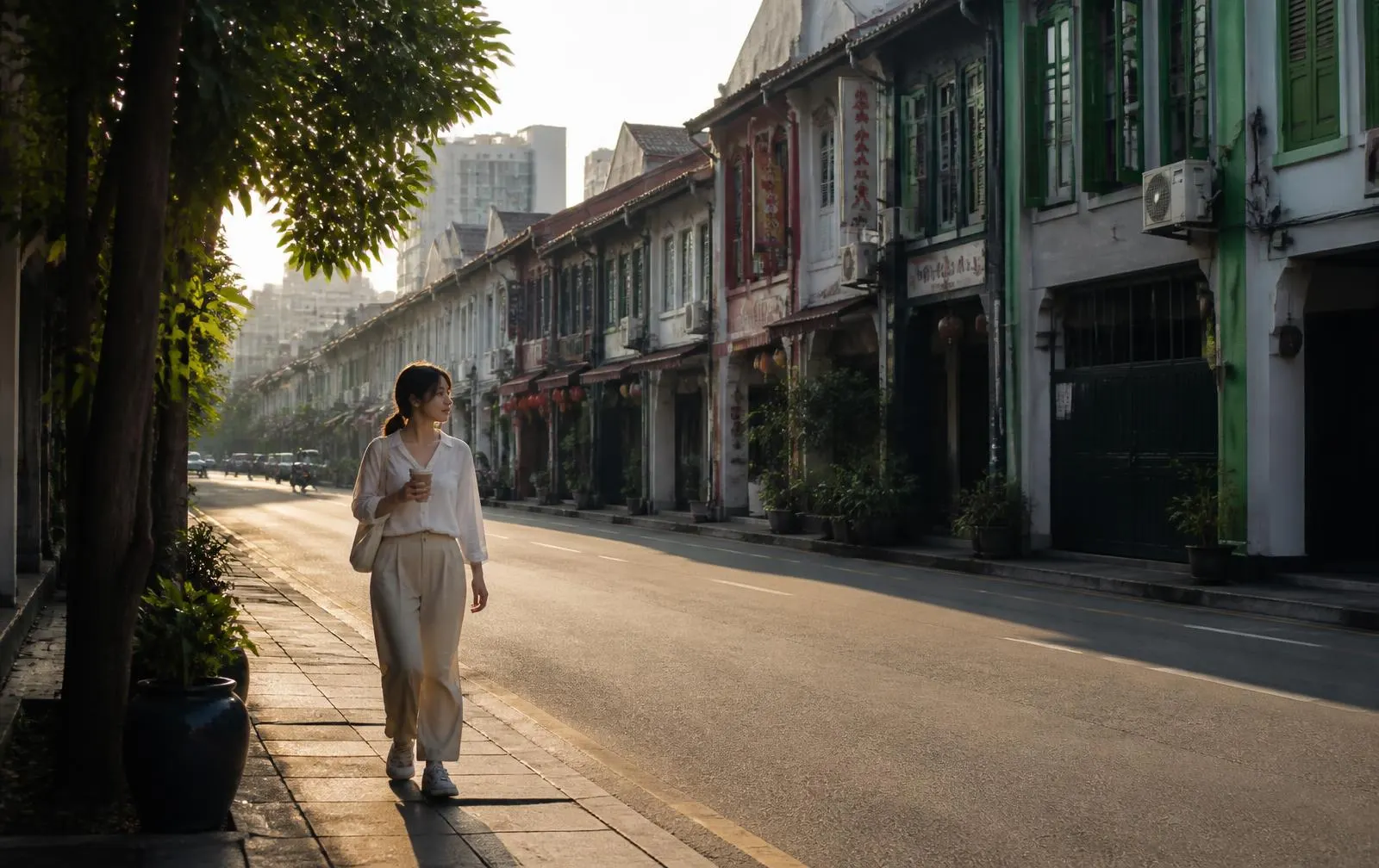 A quiet city street in early morning light, with someone walking with a coffee