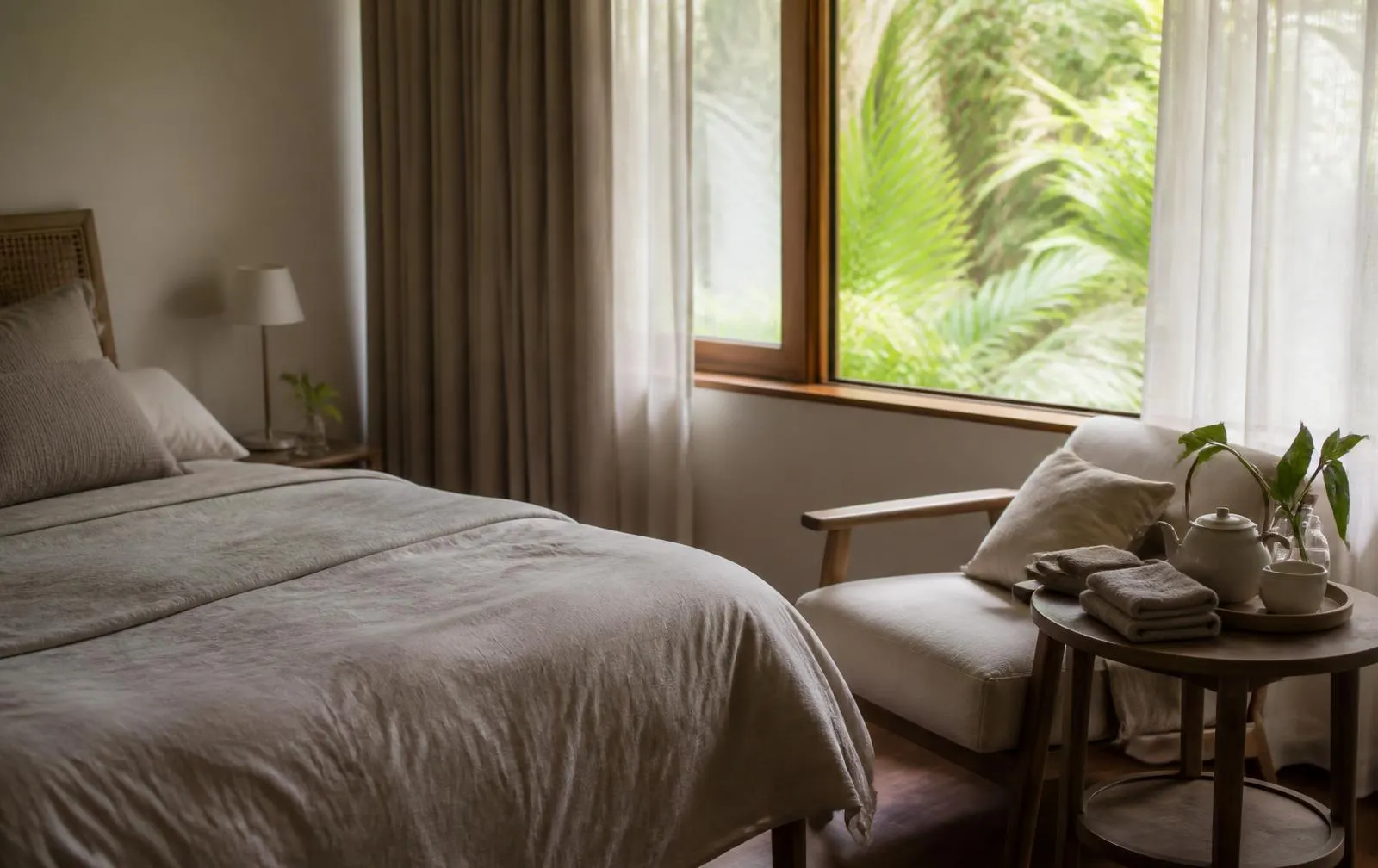 A quiet private residence bedroom prepared for recovery, with linen bedding and garden light