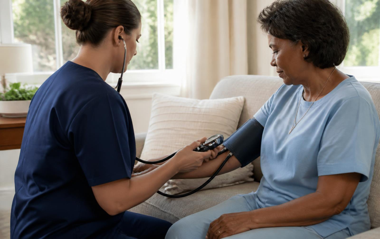 A nurse checking a seated patient's blood pressure in a bright living room