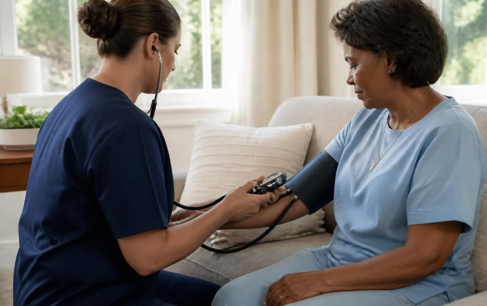 A nurse checking a seated patient's blood pressure in a bright living room