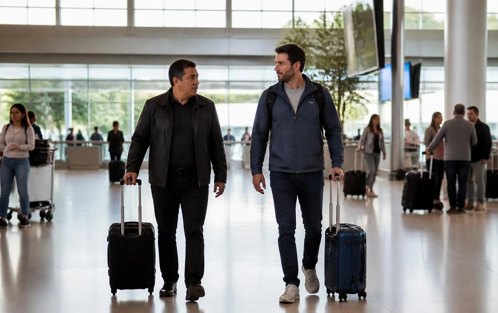 A traveller being met and walked through an airport arrivals hall