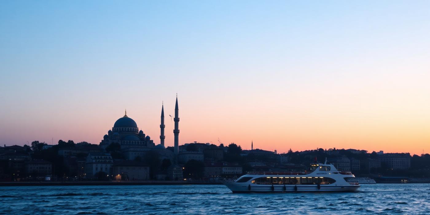 A ferry crossing the Bosphorus in front of Istanbul's domes and minarets at dusk