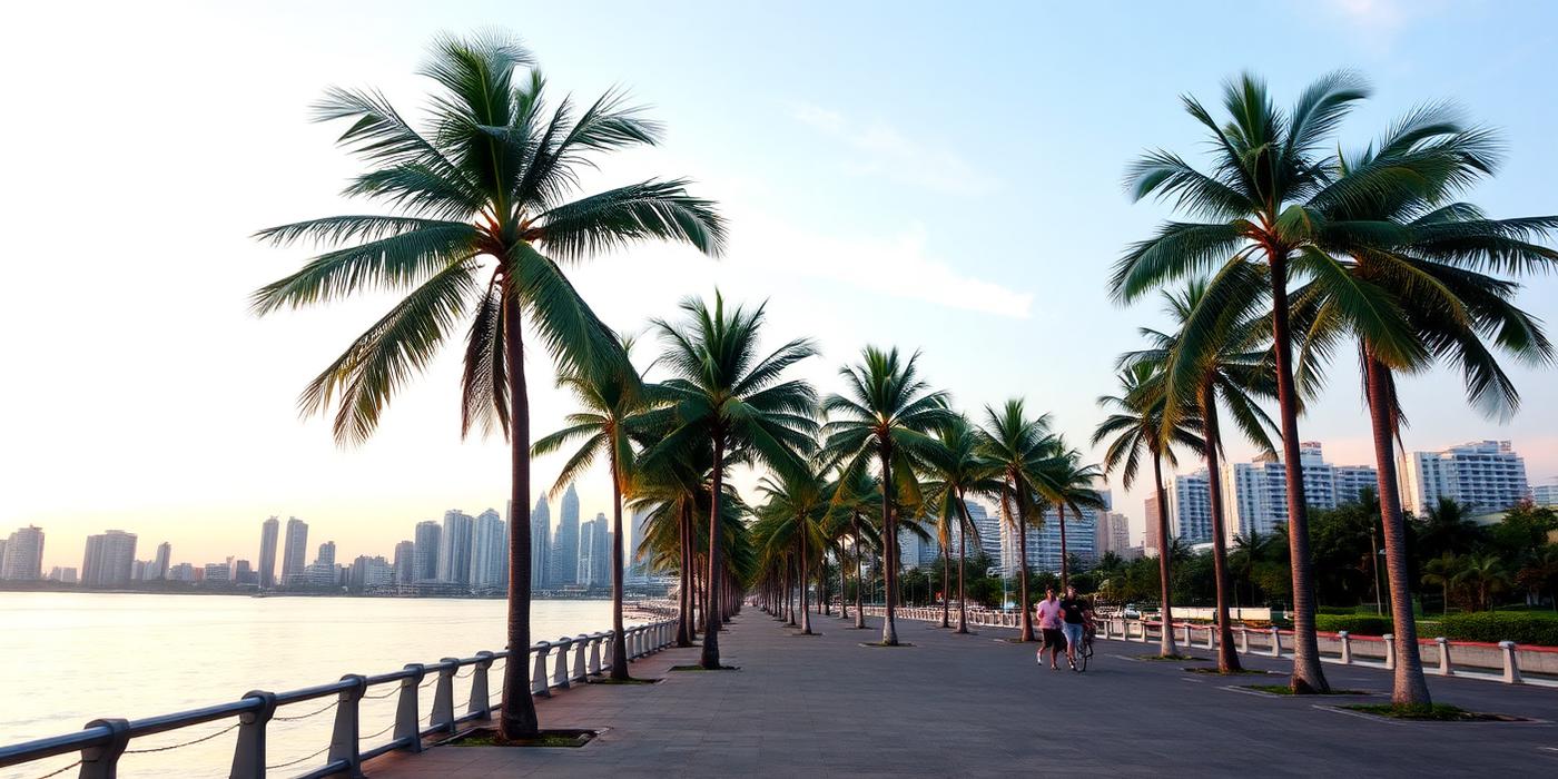 Manila's bayfront skyline at sunset with palms and low clouds