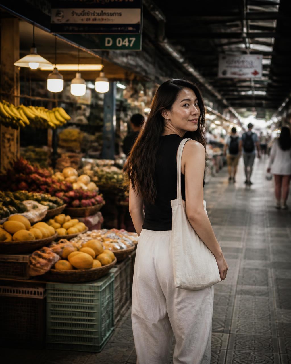 A woman smiling while walking through a lantern-lit night market