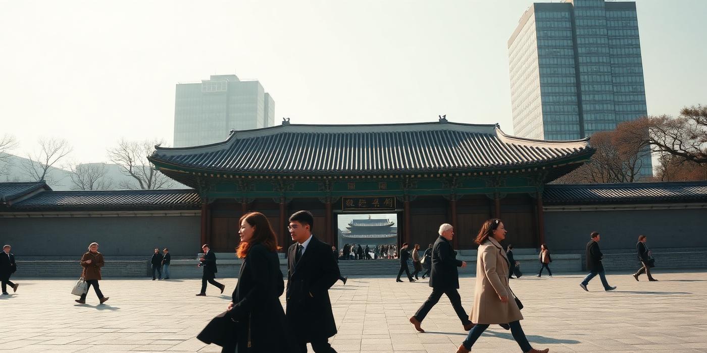 Gyeongbokgung palace gate in Seoul with modern glass towers behind
