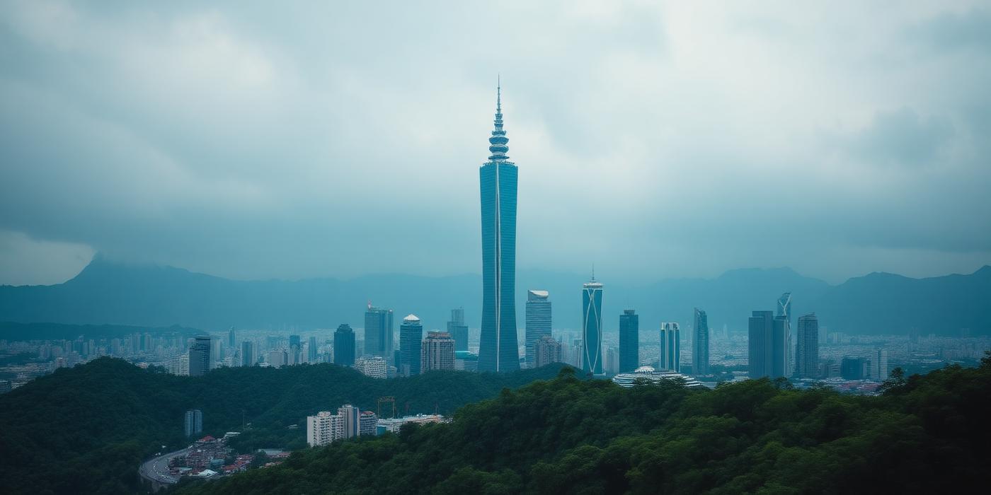 Taipei's skyline with green mountains behind and lantern-lit streets in the foreground